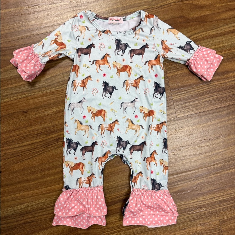 Toddler Horse-Print One-Piece Bodysuit with Pink Ruffle Accents